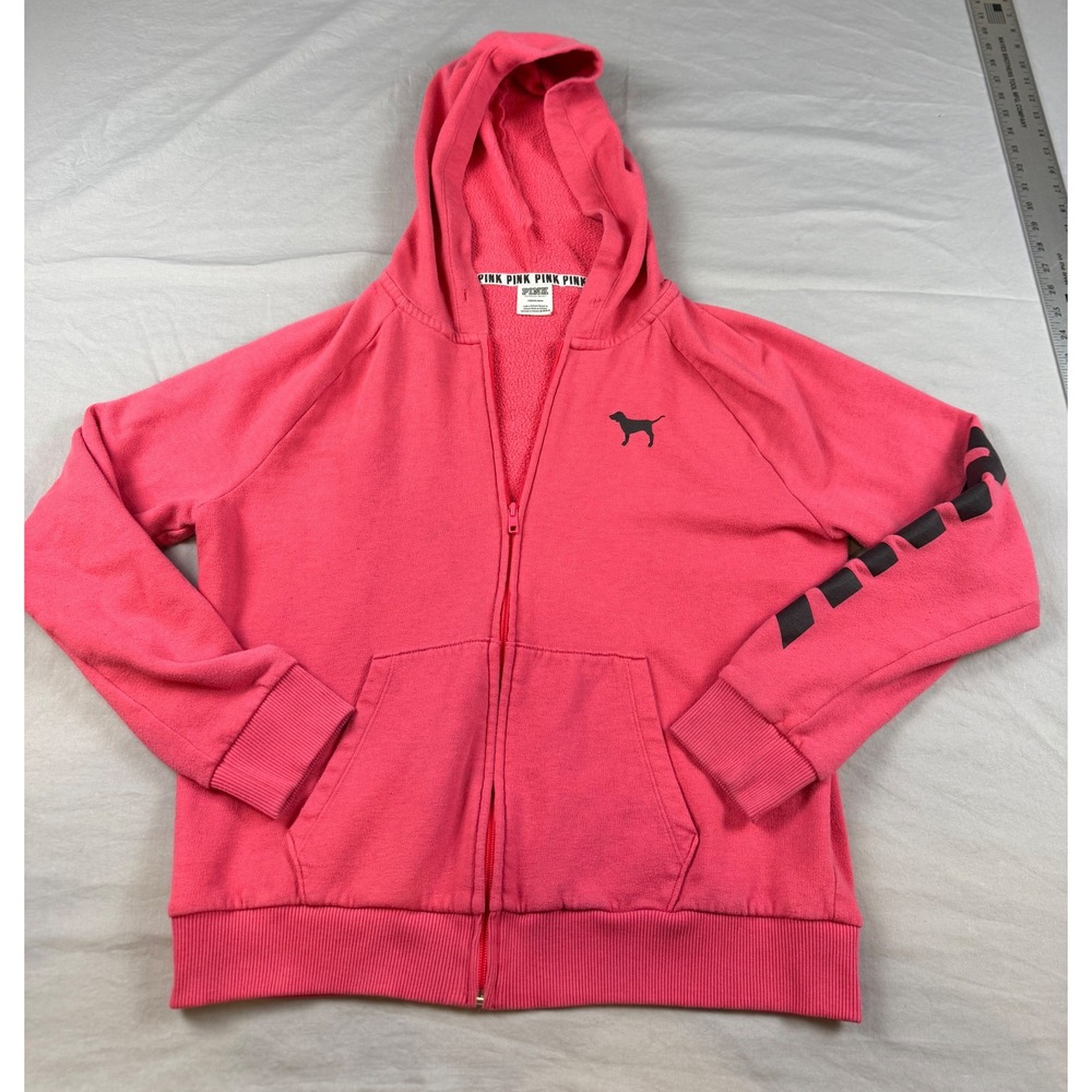 Victorias Secret PINK Full Zip Hoodie Pink Black Dog Logo Sleeve Graphic Large